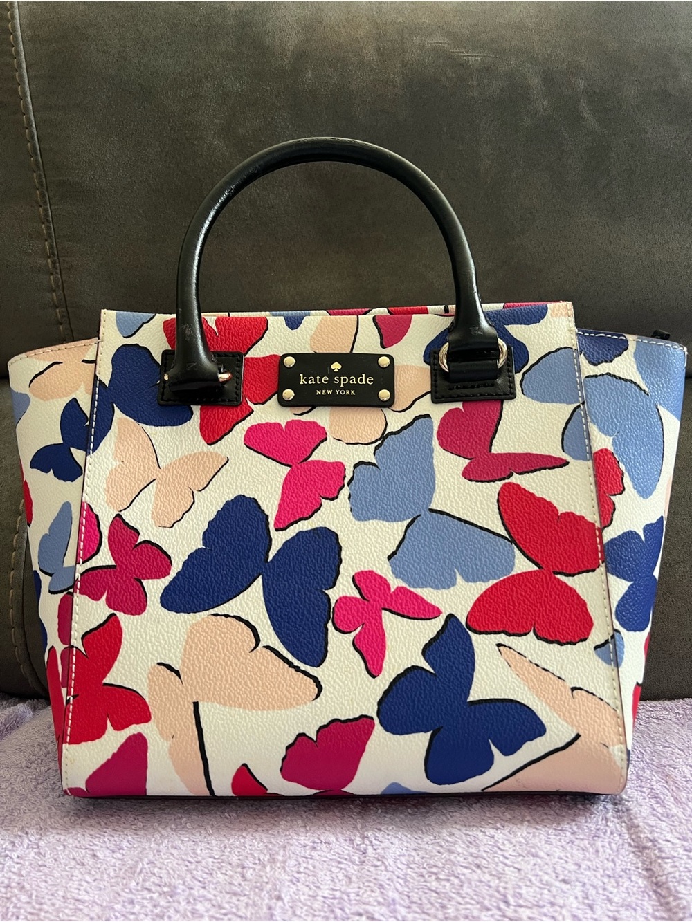 kate spade Multicolor Butterfly Print Satchel with Black Handles
